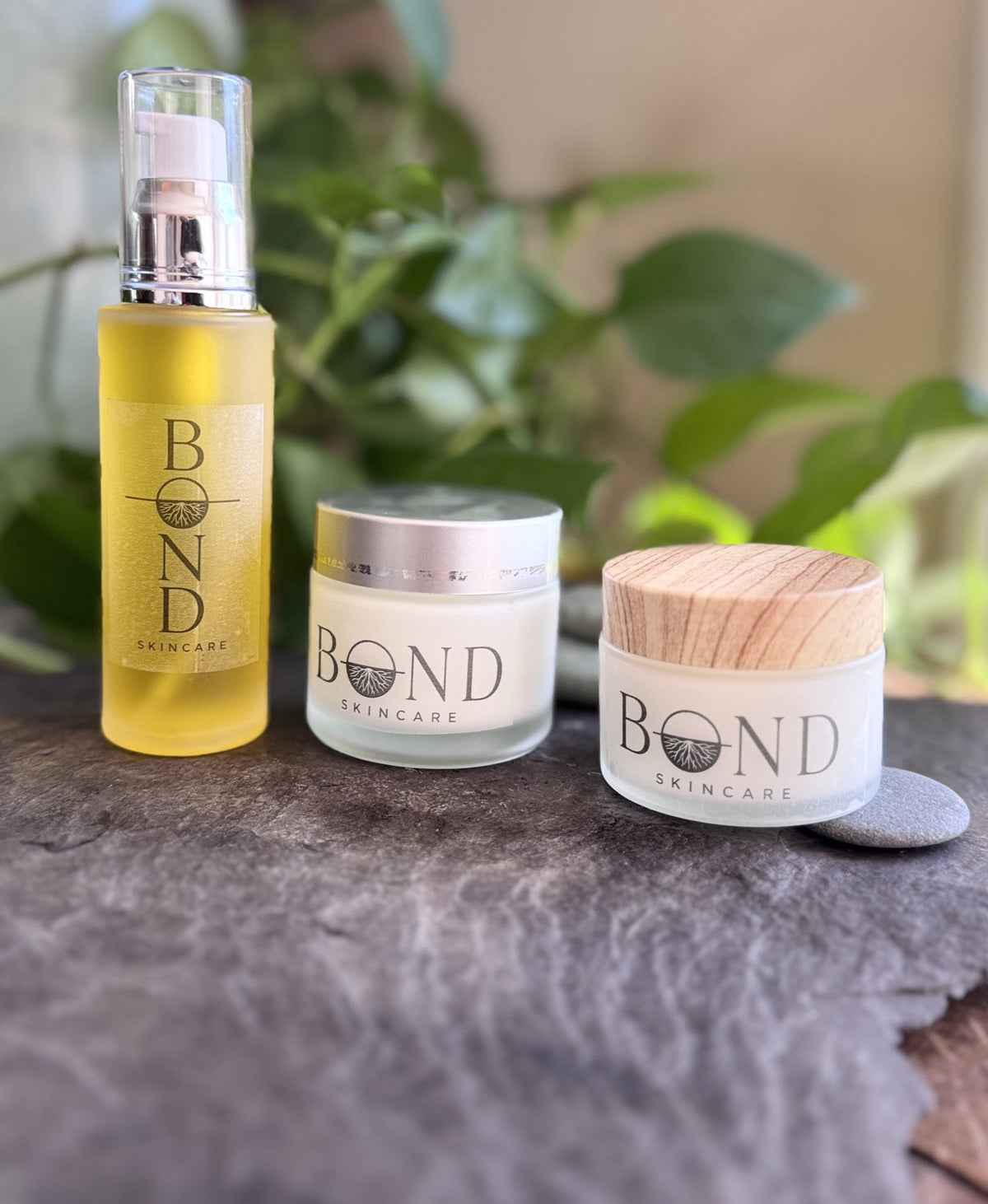 Bond Recovery Oil bottle with the Nectar Serum and Whipped Tallow Cream jars on slate, with green leaves behind